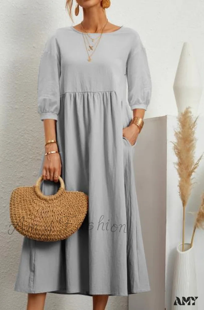 Amy Fashion - Loose Solid Lantern Sleeve Pocket Dresses