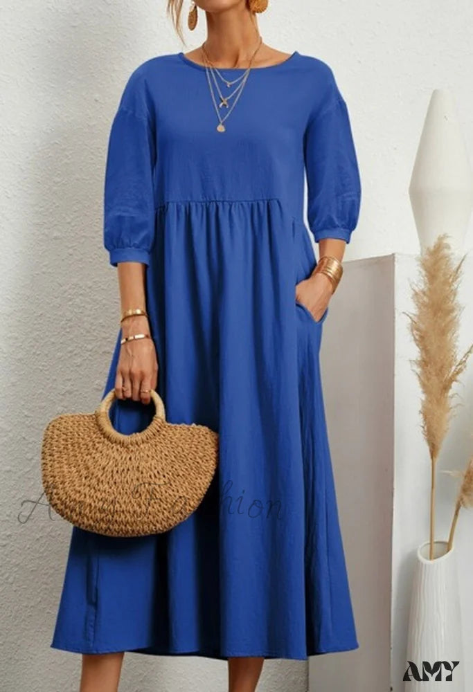 Amy Fashion - Loose Solid Lantern Sleeve Pocket Dresses