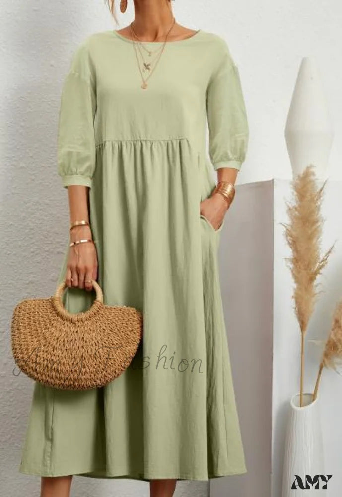 Amy Fashion - Loose Solid Lantern Sleeve Pocket Dresses