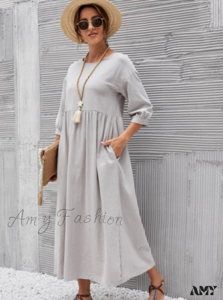 Amy Fashion - Loose Solid Lantern Sleeve Pocket Dresses