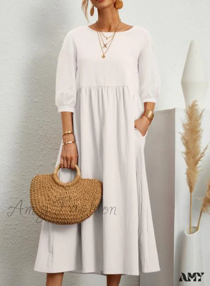 Amy Fashion - Loose Solid Lantern Sleeve Pocket Dresses
