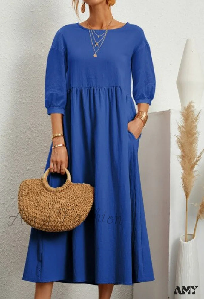 Amy Fashion - Loose Solid Lantern Sleeve Pocket Dresses Blue / S
