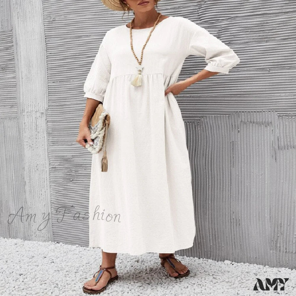 Amy Fashion - Loose Solid Lantern Sleeve Pocket Dresses Ivory / S