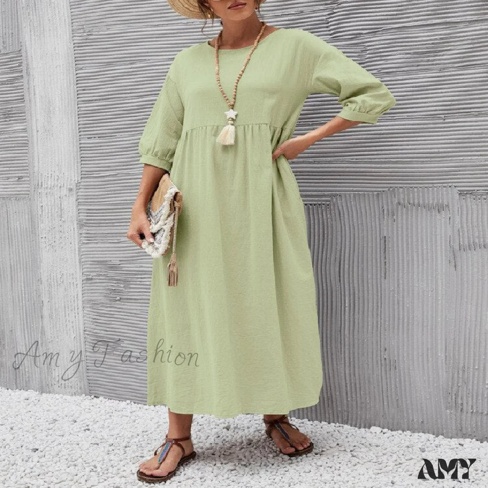 Amy Fashion - Loose Solid Lantern Sleeve Pocket Dresses Light Green / S