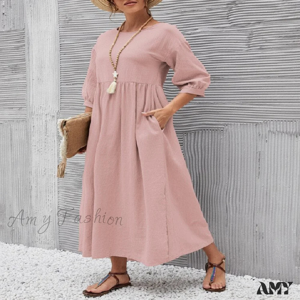 Amy Fashion - Loose Solid Lantern Sleeve Pocket Dresses Pink / S