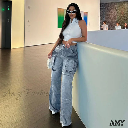 Amy Fashion - Loose Streetwear Summer Outfits 2024 Blue High Waist Casual Y2K Straight Cargo Denim