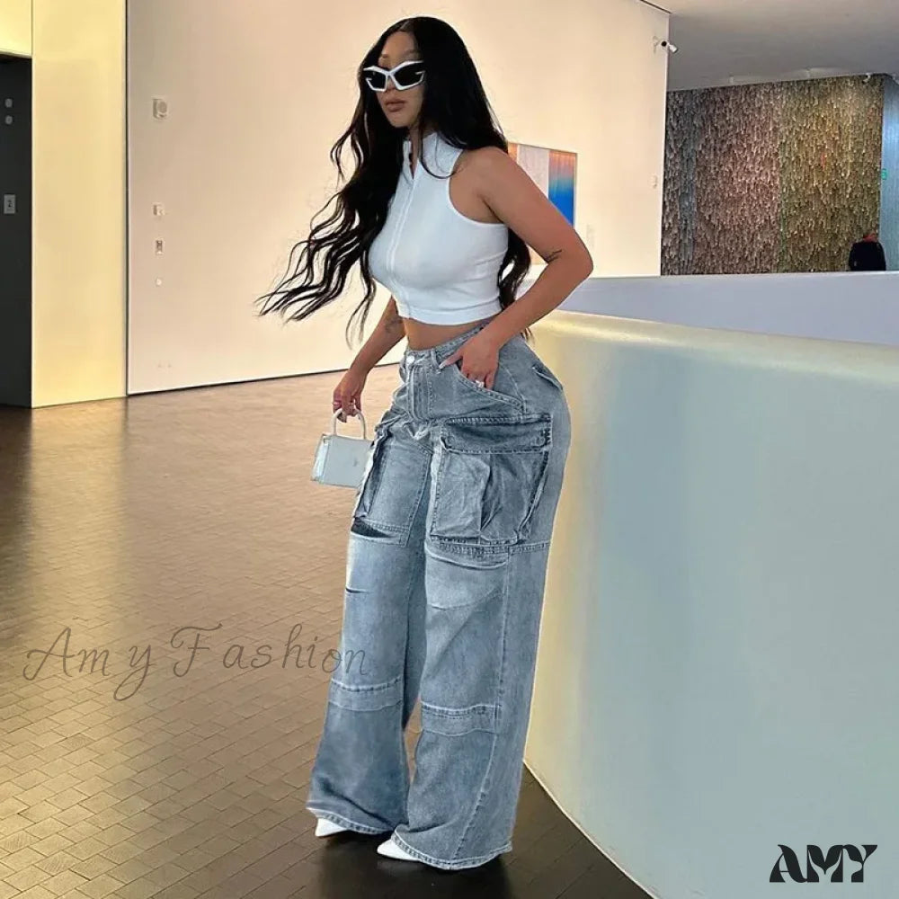 Amy Fashion - Loose Streetwear Summer Outfits 2024 Blue High Waist Casual Y2K Straight Cargo Denim