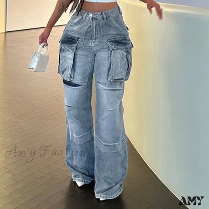 Amy Fashion - Loose Streetwear Summer Outfits 2024 Blue High Waist Casual Y2K Straight Cargo Denim