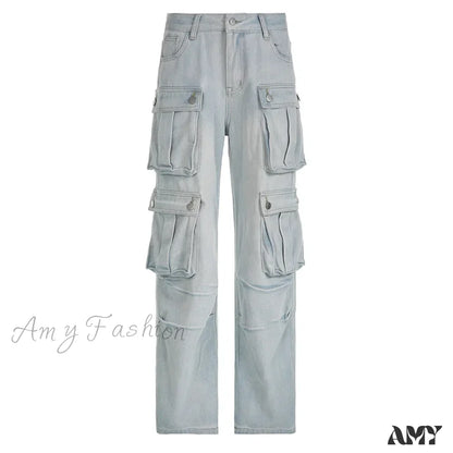 Amy Fashion - Loose Streetwear Summer Outfits 2024 Blue High Waist Casual Y2K Straight Cargo Denim