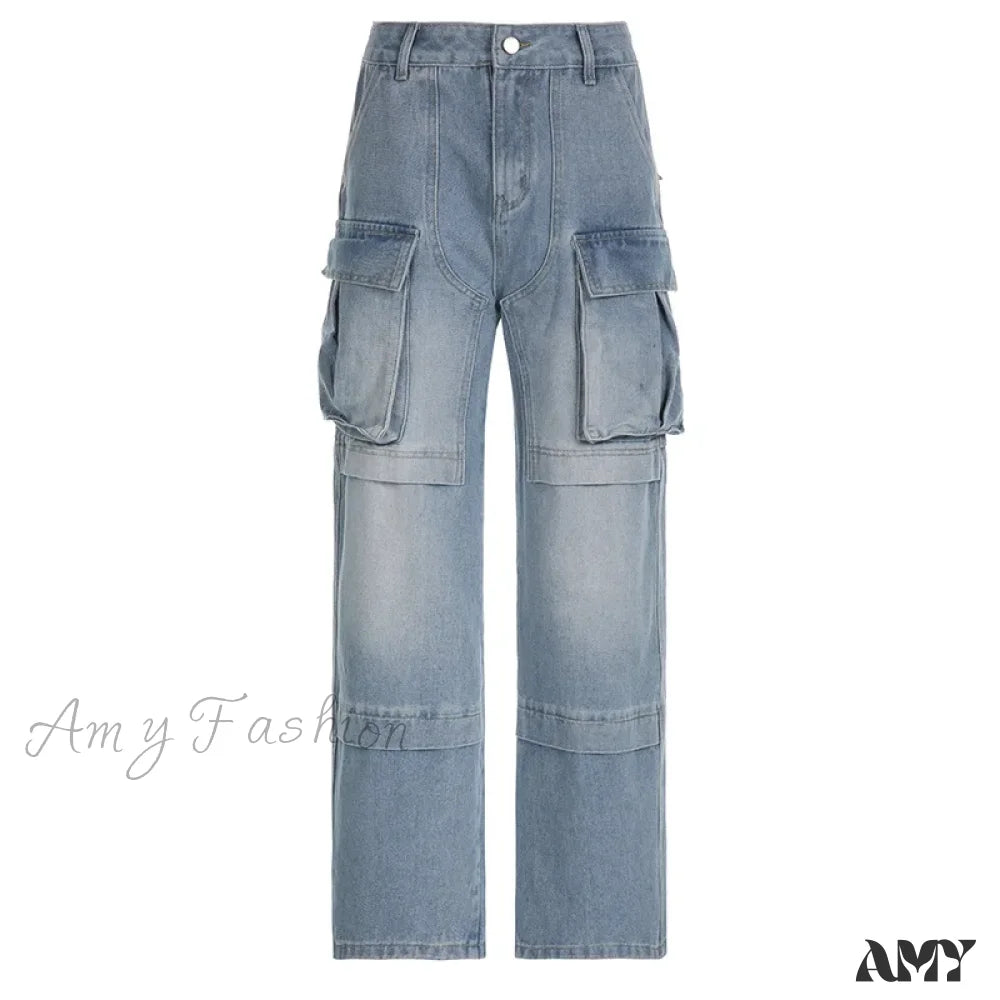 Amy Fashion - Loose Streetwear Summer Outfits 2024 Blue High Waist Casual Y2K Straight Cargo Denim