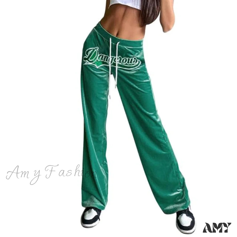 Amy Fashion - Loose Track Jogging Solid Color Tie Wrap Trousers Green / S