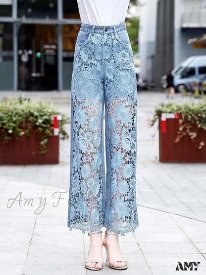 Amy Fashion - Loose Versatile Hollow Out Lace Pants Blue / S