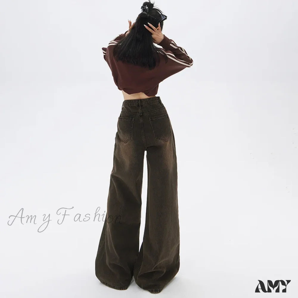 Amy Fashion - Loose Vintage Korean For Women High Waist Streetwear Casual Denim Femme Y2K Wide Leg
