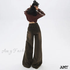 Amy Fashion - Loose Vintage Korean For Women High Waist Streetwear Casual Denim Femme Y2K Wide Leg
