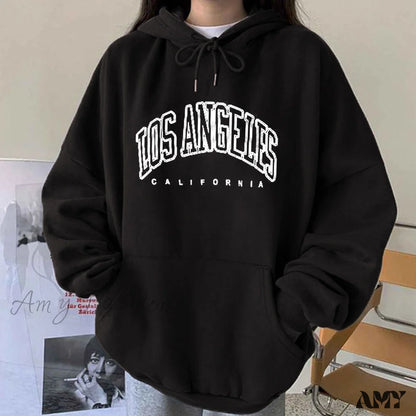 Amy Fashion - Los Angeles California Print Hoody Pullover Ms-Black / S