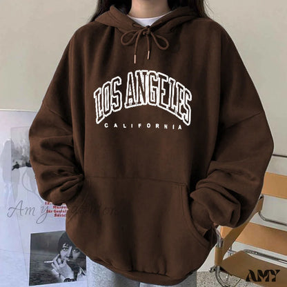 Amy Fashion - Los Angeles California Print Hoody Pullover Ms-Coffee / S