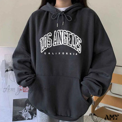 Amy Fashion - Los Angeles California Print Hoody Pullover Ms-Dark Gray / S