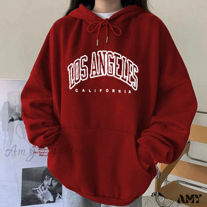 Amy Fashion - Los Angeles California Print Hoody Pullover Ms-Red / S