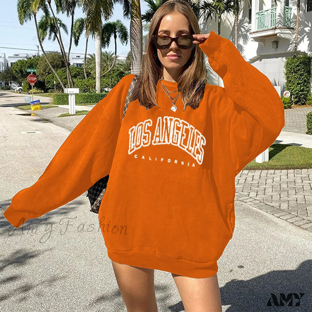 Amy Fashion - Los Angeles California Print Hoody Pullover Wy-Orange / S