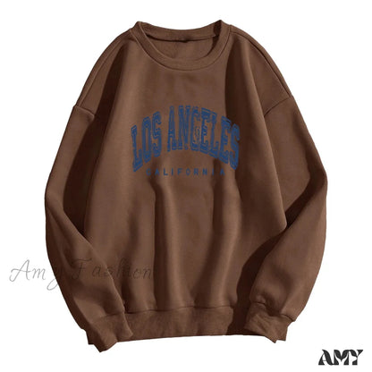 Amy Fashion - Los Angeles Letter Print Brown Hoody Pullover