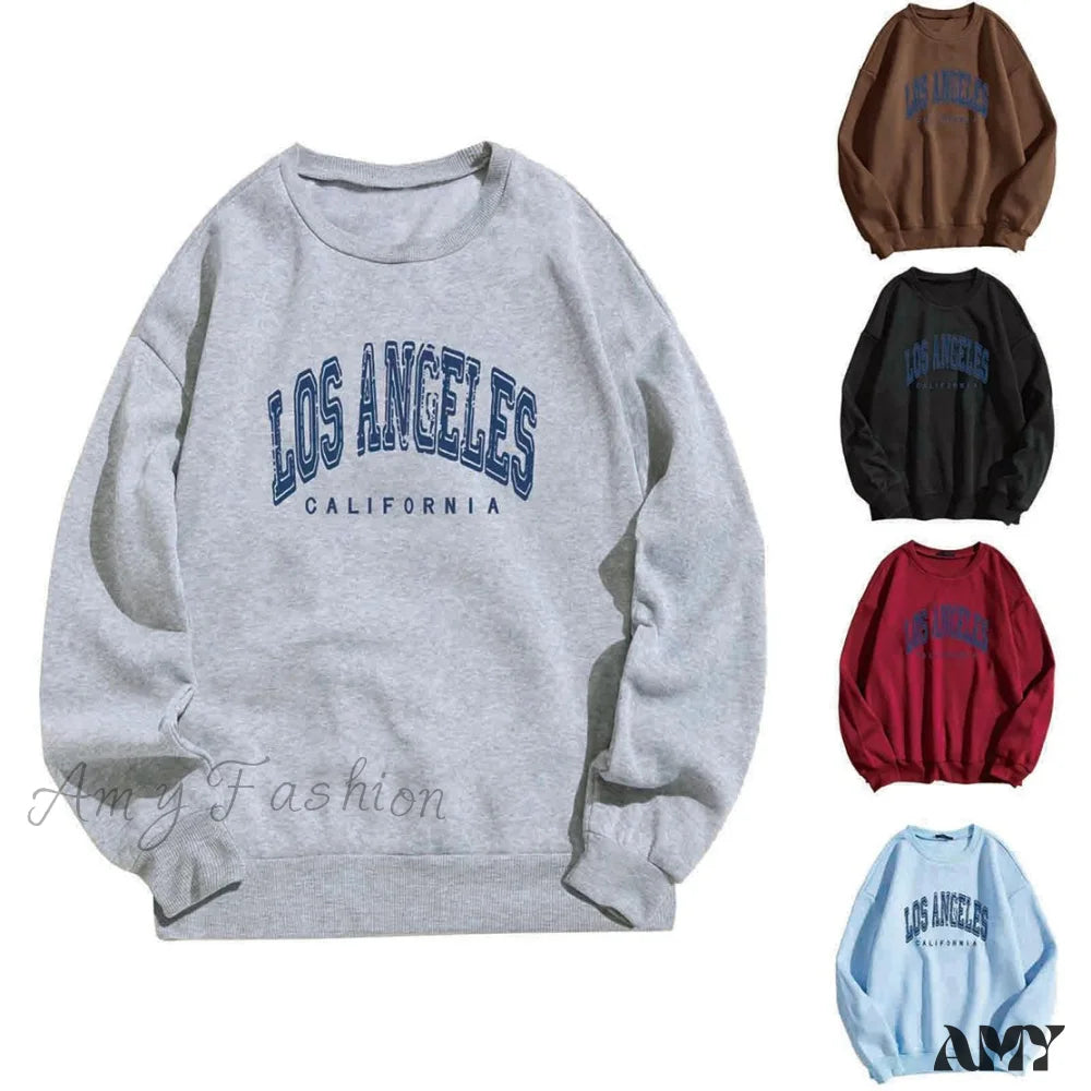 Amy Fashion - Los Angeles Letter Print Brown Hoody Pullover