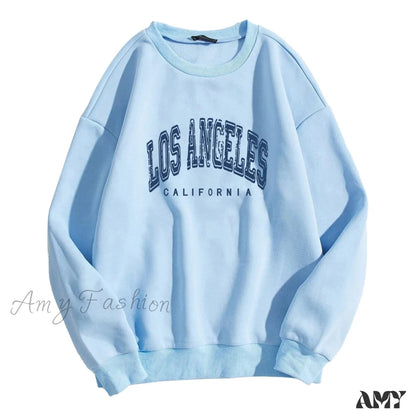 Amy Fashion - Los Angeles Letter Print Brown Hoody Pullover Blue / S