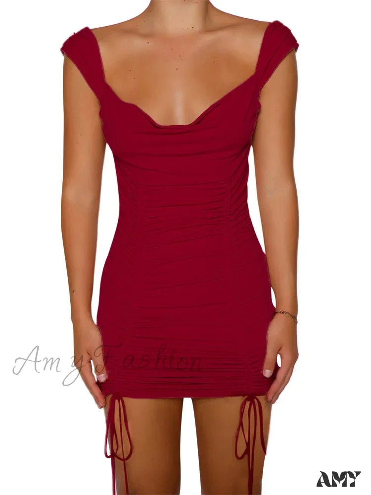 Amy Fashion - Low Cut Ruched V Neck Sleeveless Drawstring Solid Mini Dress