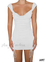 Amy Fashion - Low Cut Ruched V Neck Sleeveless Drawstring Solid Mini Dress