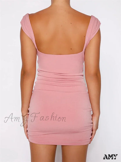 Amy Fashion - Low Cut Ruched V Neck Sleeveless Drawstring Solid Mini Dress