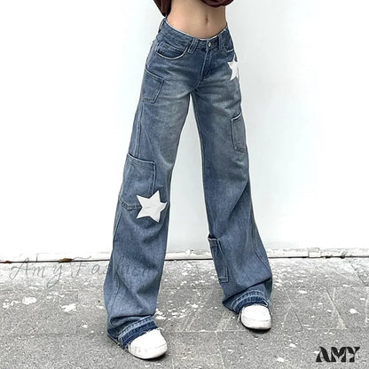 Amy Fashion - Low Rise Flared Retro Star Print Pockets Distressed Burr Y2K Streetwear Denim Jean