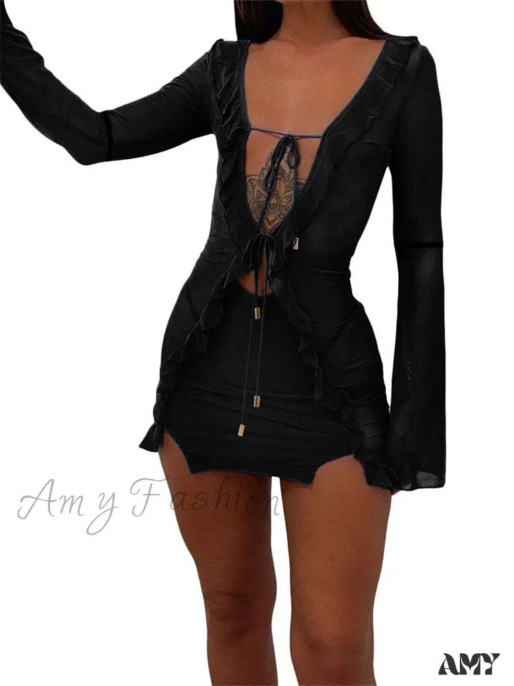 Amy Fashion - Mesh See Through Ruffles Summer Party Clubwear Mini Dress Black / S