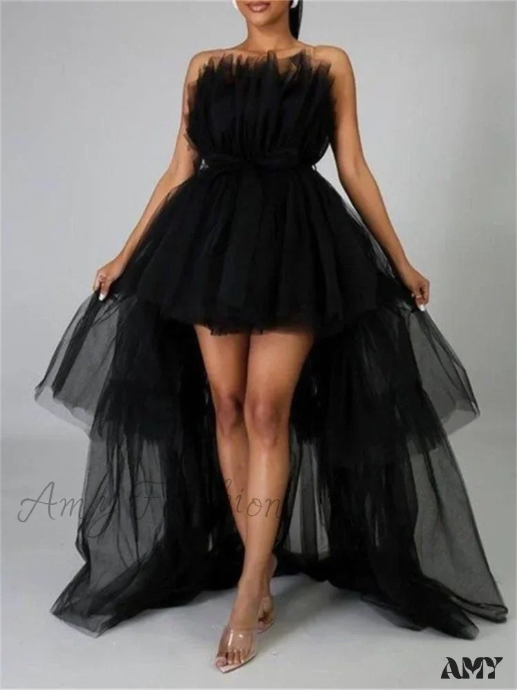 Amy Fashion - Mesh Sheer Elegant Women Formal Ball Gown Strapless Off Shoulder High Waist