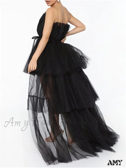 Amy Fashion - Mesh Sheer Elegant Women Formal Ball Gown Strapless Off Shoulder High Waist