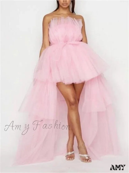 Amy Fashion - Mesh Sheer Elegant Women Formal Ball Gown Strapless Off Shoulder High Waist