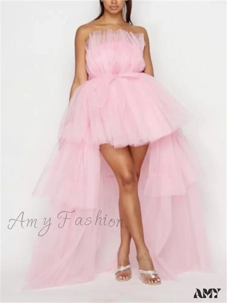 Amy Fashion - Mesh Sheer Elegant Women Formal Ball Gown Strapless Off Shoulder High Waist