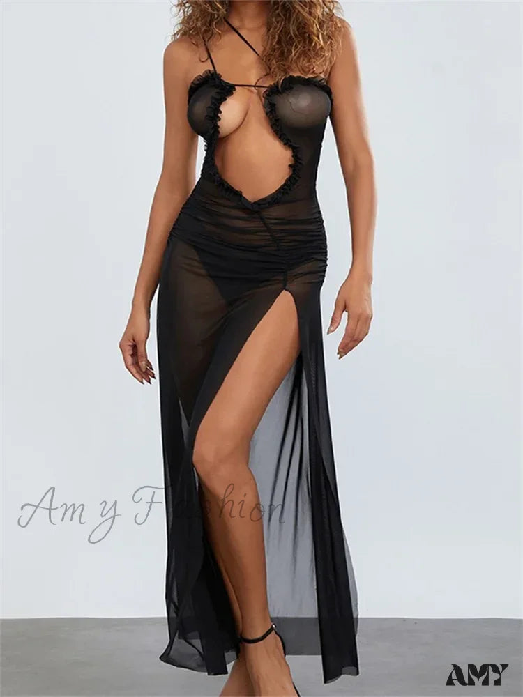 Amy Fashion - Mesh Sheer See Through For Women Sexy Sleeveless Strap Ruffle Deep V-Neck High Split