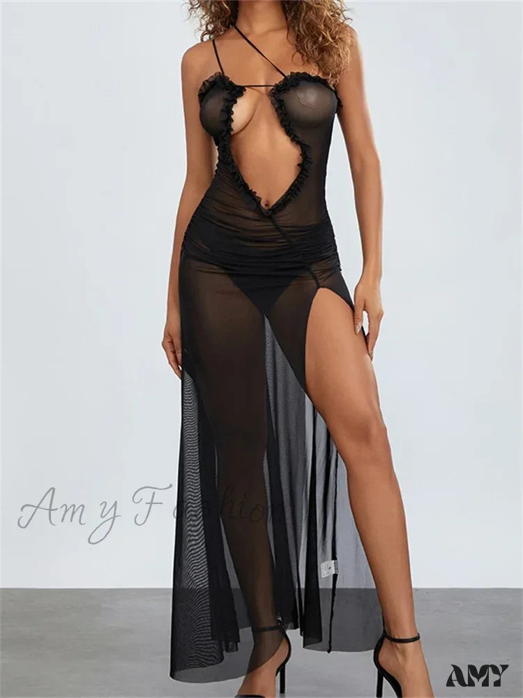 Amy Fashion - Mesh Sheer See Through For Women Sexy Sleeveless Strap Ruffle Deep V-Neck High Split