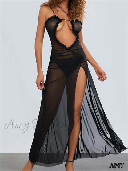 Amy Fashion - Mesh Sheer See Through For Women Sexy Sleeveless Strap Ruffle Deep V-Neck High Split