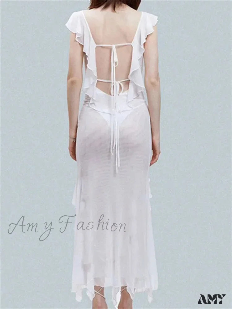 Amy Fashion - Mesh Sheer See Through Summer Beach Cover Ups For Women Sleeveless Backless Ruffles