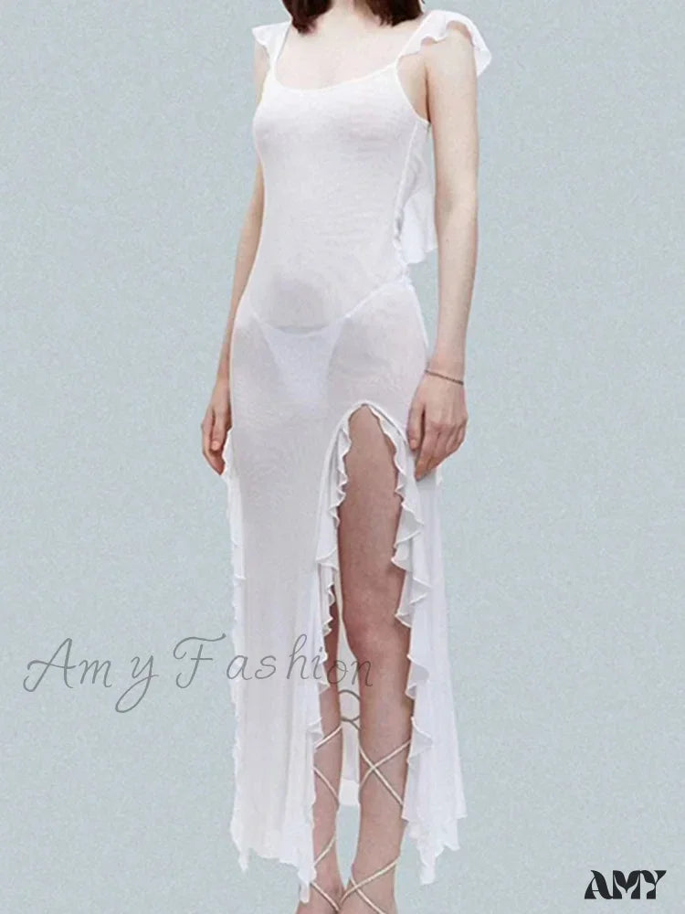 Amy Fashion - Mesh Sheer See Through Summer Beach Cover Ups For Women Sleeveless Backless Ruffles