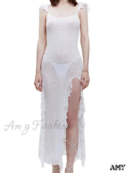 Amy Fashion - Mesh Sheer See Through Summer Beach Cover Ups For Women Sleeveless Backless Ruffles