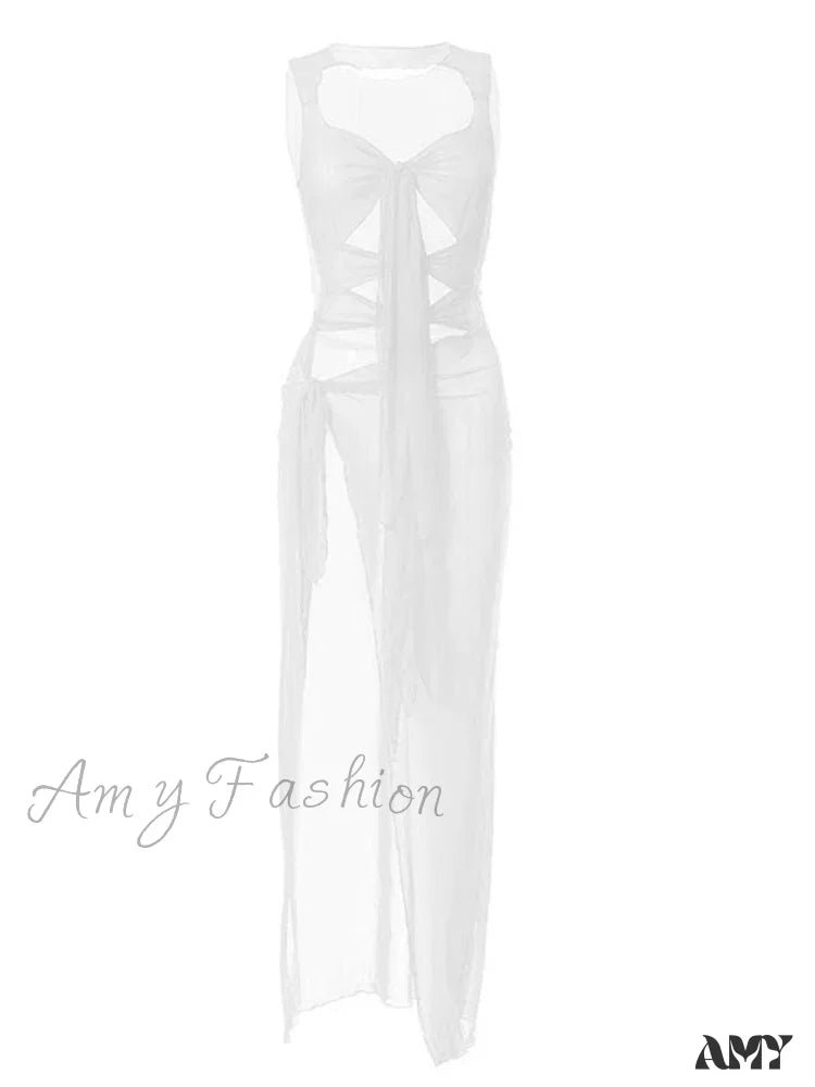 Amy Fashion - Mesh Sheer See Through Summer For Women Beach Party Clubwear Sleeveless Hollow Out