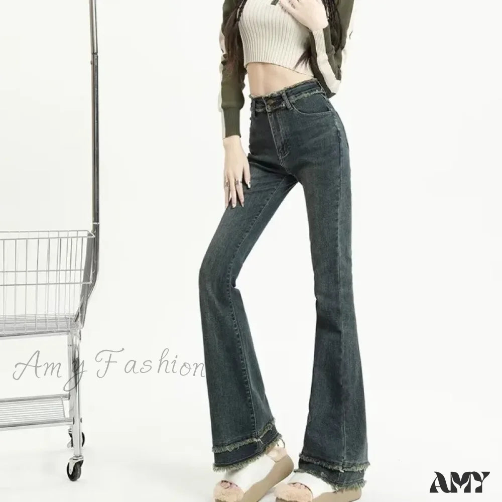 Amy Fashion - Micro Flared Minimalist Fashionable Harajuku Women’s Trend Jean Blue / Xs