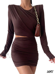 Amy Fashion - Mini Brown Sexy O Neck Long Sleeve Elegant Party Dresses Auburn / M