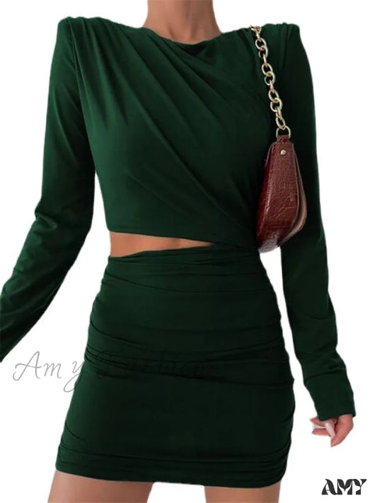 Amy Fashion - Mini Brown Sexy O Neck Long Sleeve Elegant Party Dresses Green / M