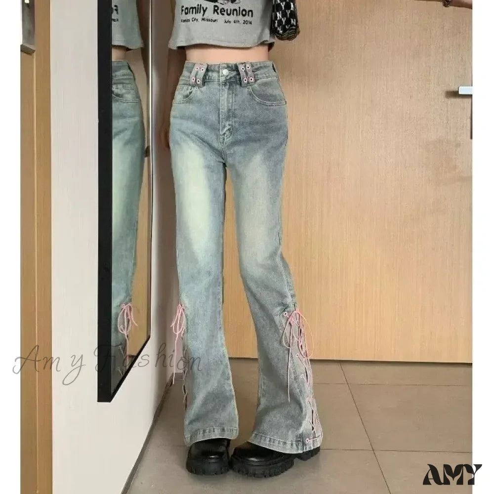 Amy Fashion - Mini Slacks Retro High Waist For Female Xia Spicy Girls Slim Straight Bell Autumn Jean