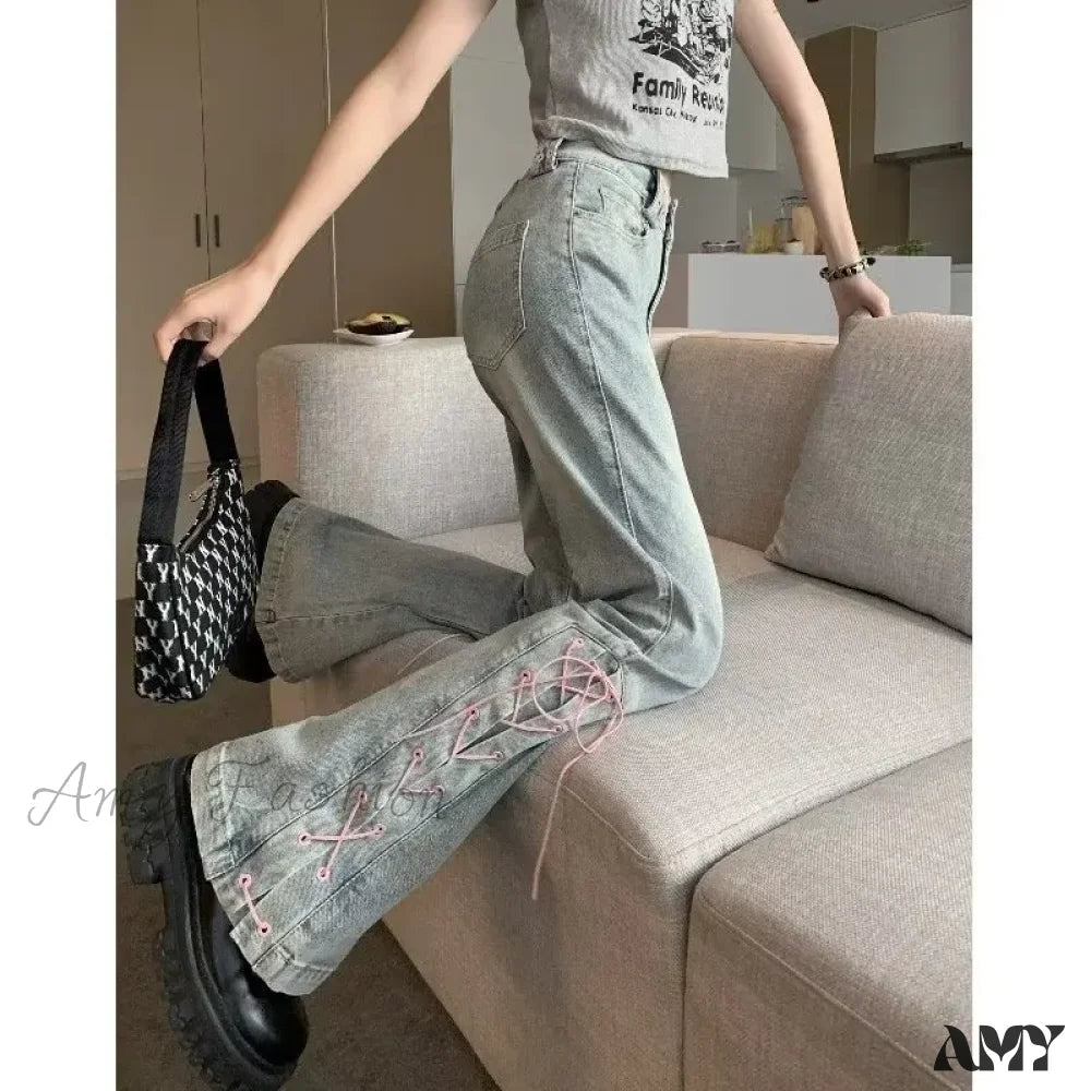 Amy Fashion - Mini Slacks Retro High Waist For Female Xia Spicy Girls Slim Straight Bell Autumn Jean