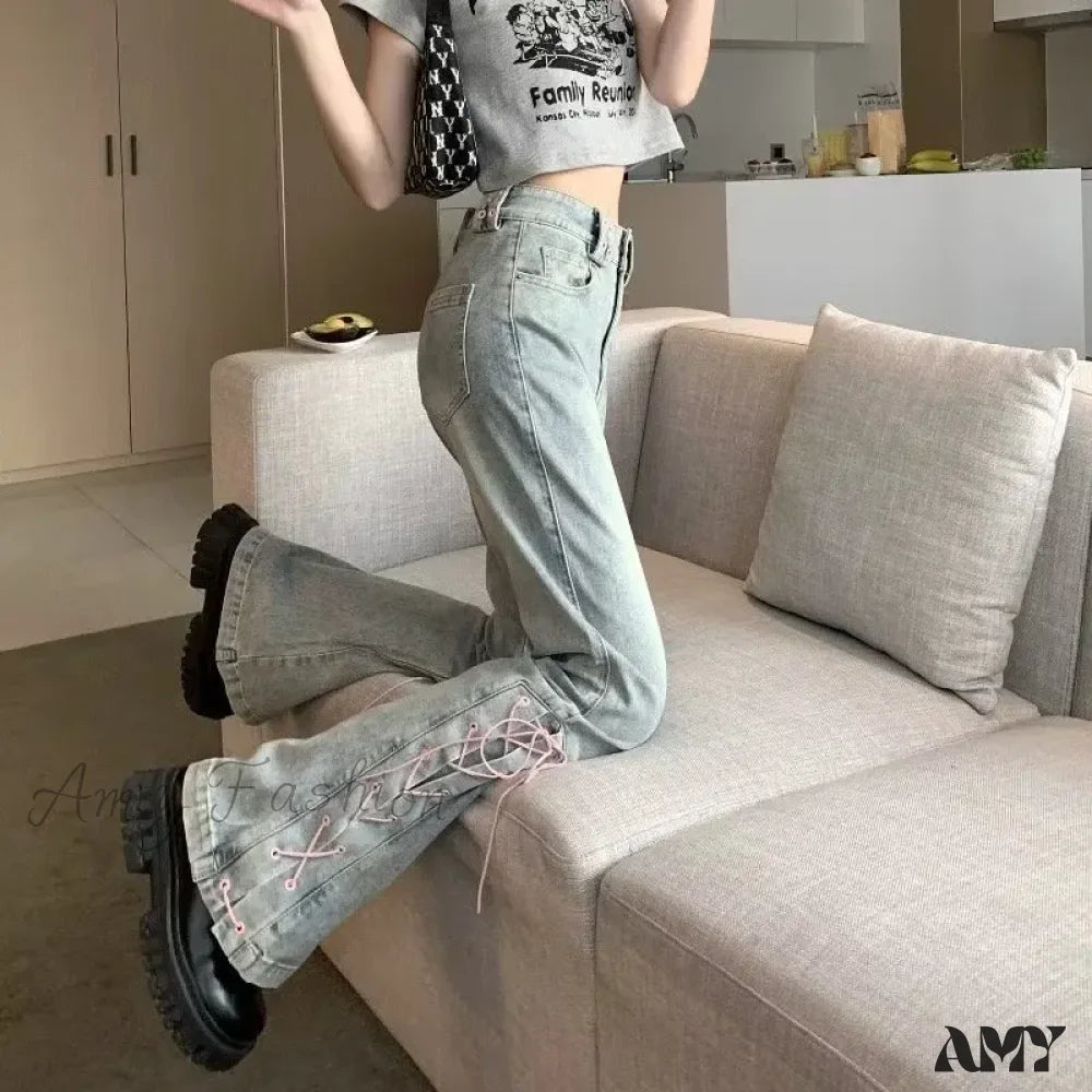 Amy Fashion - Mini Slacks Retro High Waist For Female Xia Spicy Girls Slim Straight Bell Autumn Jean