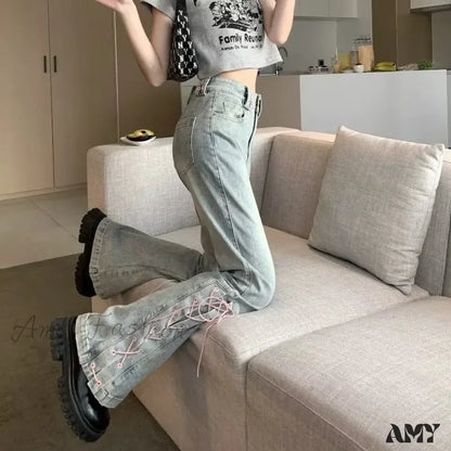 Amy Fashion - Mini Slacks Retro High Waist For Female Xia Spicy Girls Slim Straight Bell Autumn Jean