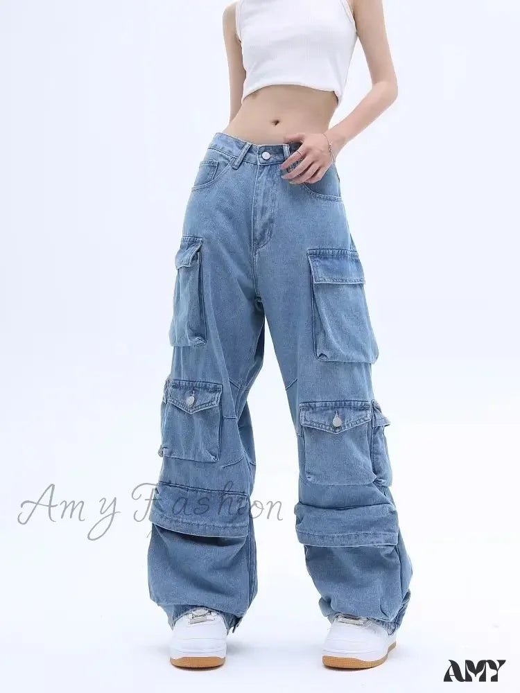 Amy Fashion - Multi-Pocket Washed Cargo New Heavy Industry Y2K Vintage Streetwear Loose Oversized
